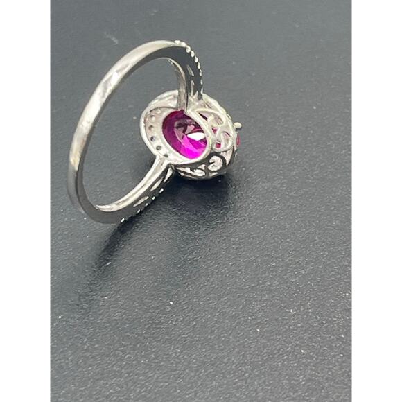 SW 925 CZ Sterling Silver Lab Created Red Ruby and CZ Halo ring Sz 7.5 - Picture 6 of 10